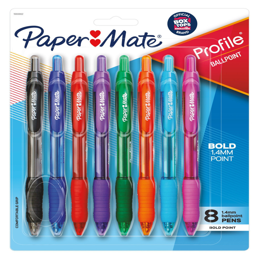 Choose these Paper Mate pens when smooth, comfortable writing is a must. The retractable tip helps keep your pockets, purses and bags protected, so its easy to carry with you wherever you go.  Profile retractable pens unite the smooth feeling of a gel pen with quick-drying, super-bold ink.  Click-advance retractable ballpoint pen tip helps protect pockets and purses.  Paper Mate pens with an extra-smooth writing system and soft comfort grips provide an easy writing experience.  Translucent barrel pens come in a pack of 8 assorted colors.