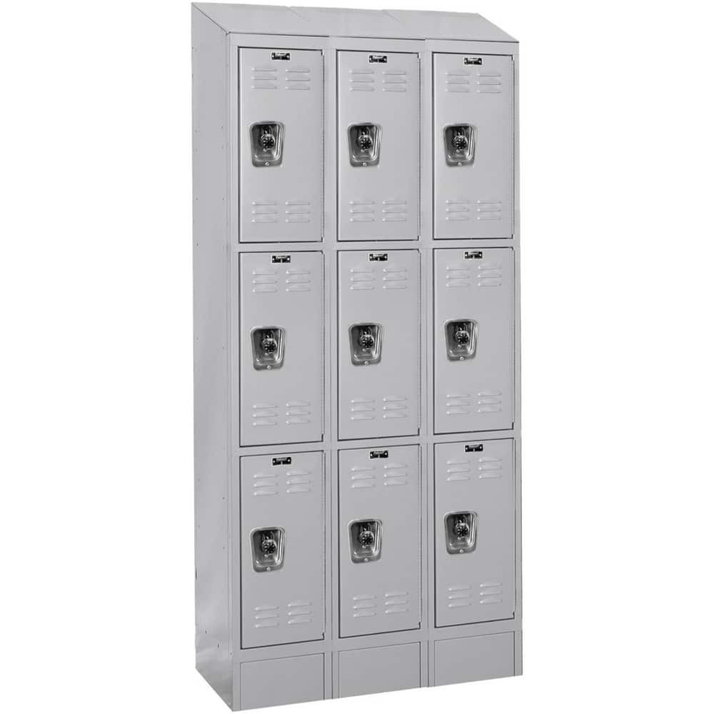 Hallowell URB3258-3ASB-PL Lockers; Locker Style: Horizontal ; Locker Configuration: 3-Wide ; Assembled: Yes ; Shelf Capacity: 0 ; Handle Type: Recessed ; Locker Material: Steel