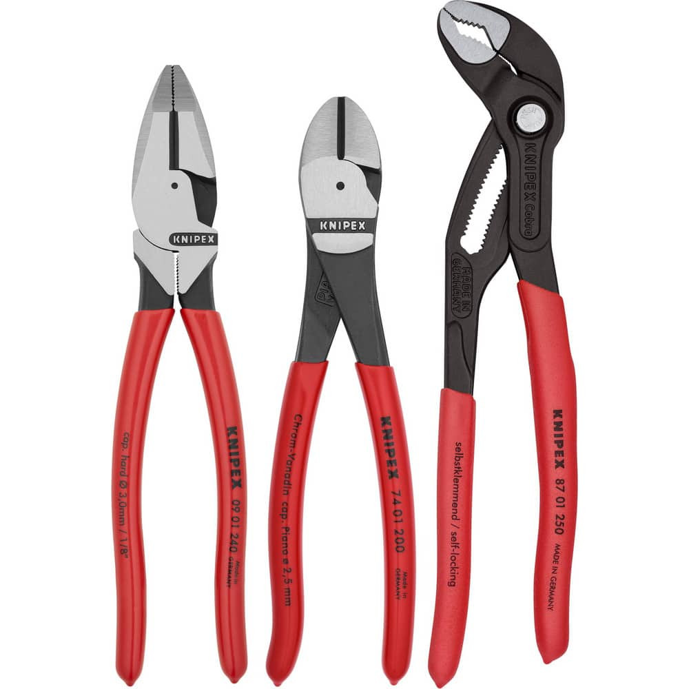 Knipex 9K 00 80 157 US Plier Sets; Plier Type Included: High Leverage Diagonal Cutter; Lineman's Pliers; Cobra. Water Pump Pliers ; Container Type: None ; Handle Material: Plastic; Non-Slip Plastic ; Includes: 09 01 240; 74 01 200; 87 01 250 ; Insula