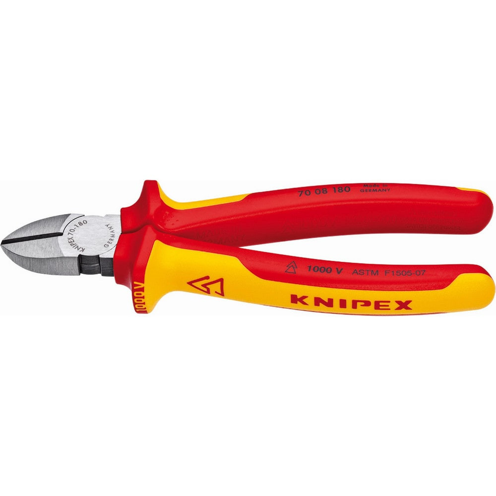 Knipex 70 08 180 US Cutting Pliers; Insulated: Yes ; Overall Length (Inch): 5-1/2in ; Head Style: Cutter; Diagonal ; Cutting Style: Bevel ; Handle Color: Red; Yellow ; Overall Length Range: 4 to 6.9 in