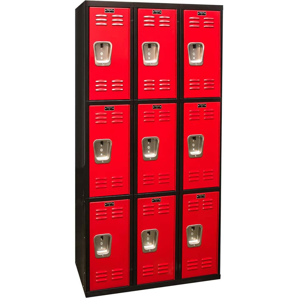 Hallowell U3282-3MR Lockers; Locker Style: Horizontal ; Locker Configuration: 3-Wide ; Assembled: No ; Shelf Capacity: 0 ; Handle Type: Recessed ; Locker Material: Steel