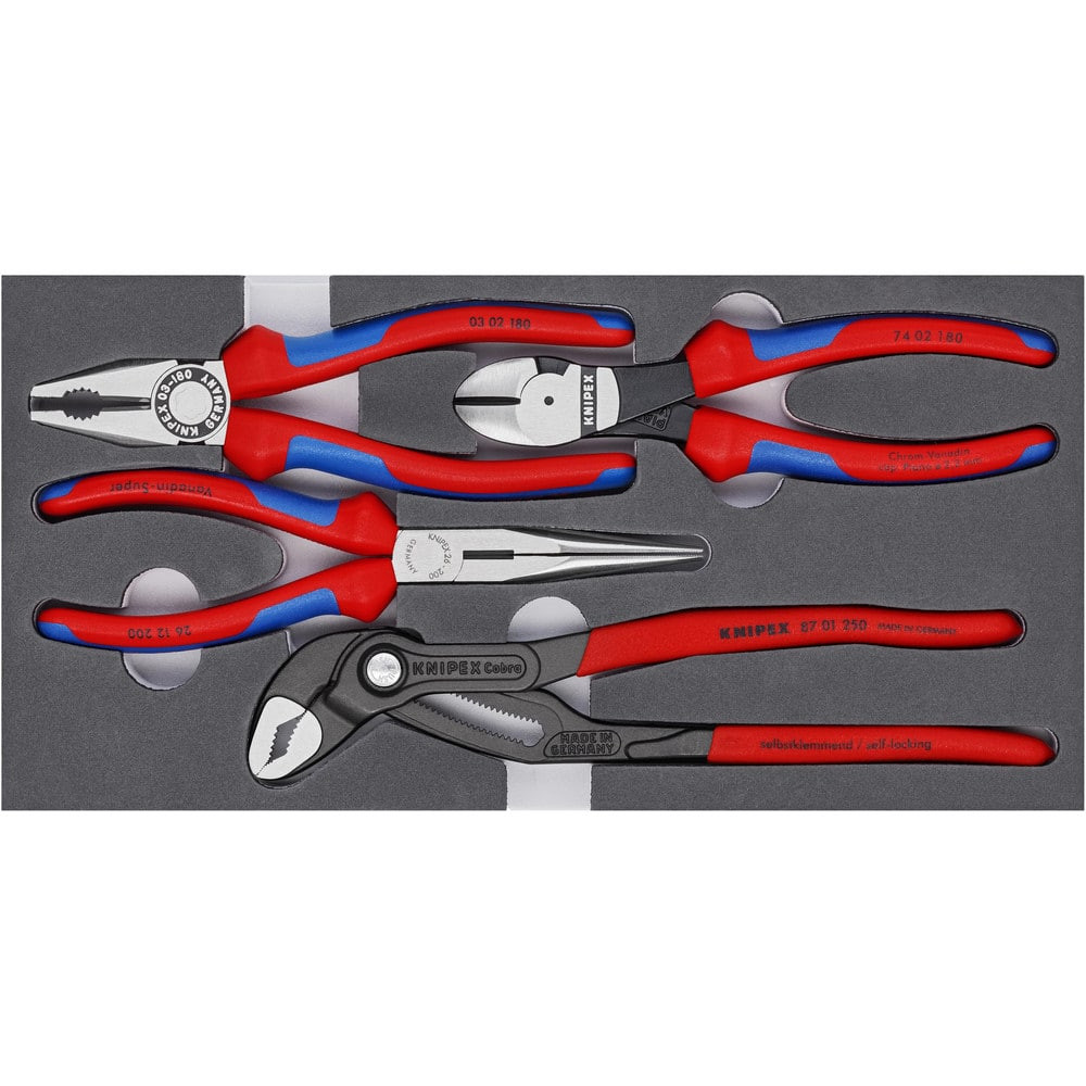Knipex 00 20 01 V15 Plier Sets; Plier Type Included: Combination Pliers; Long Nose Pliers with Cutter; High Leverage Diagonal Cutters; Cobra. Water Pump Pliers ; Container Type: None ; Handle Material: Comfort Grip; Non-Slip Plastic