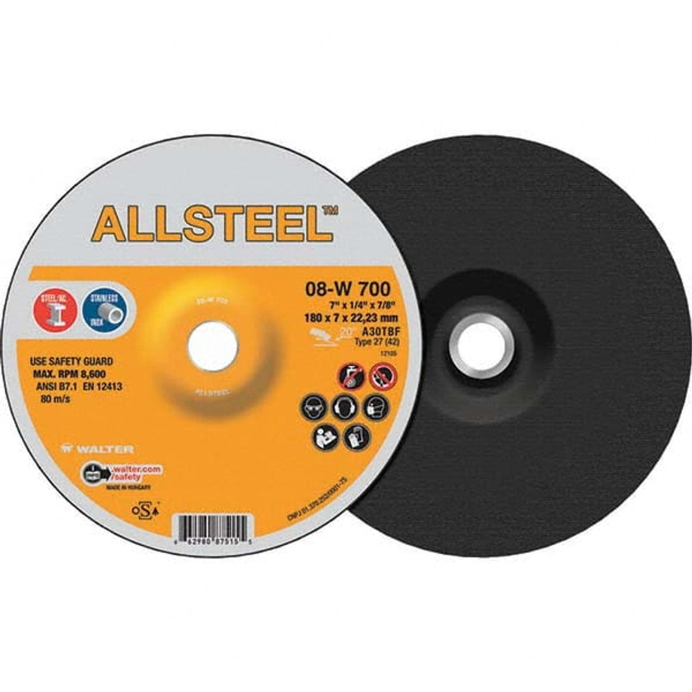 WALTER Surface Technologies 08W700 Depressed Grinding Wheel:  Type 27,  7" Dia,  1/4" Thick,  7/8" Hole,  Aluminum Oxide
