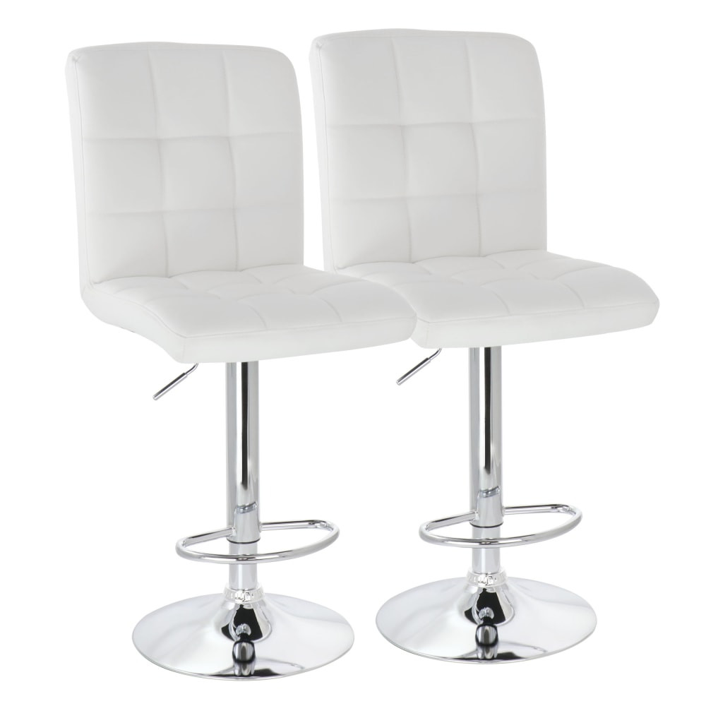 MEGAGOODS, INC. Elama 995115024M  Square Tufted Faux Leather Adjustable Bar Stools, White/Chrome, Set Of 2 Stools