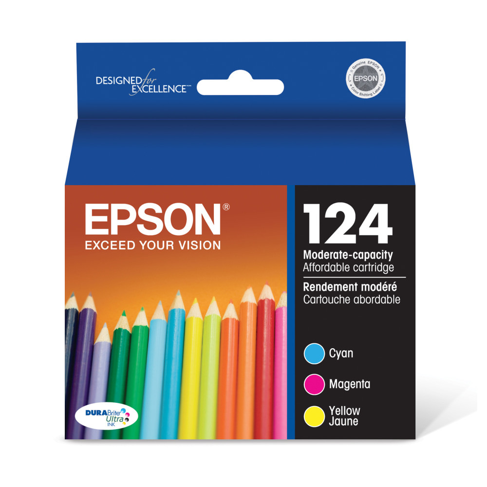 EPSON AMERICA INC. T124520-S Epson 124 DuraBrite Ultra Cyan, Magenta, Yellow Ink Cartridges, Pack Of 3, T124520