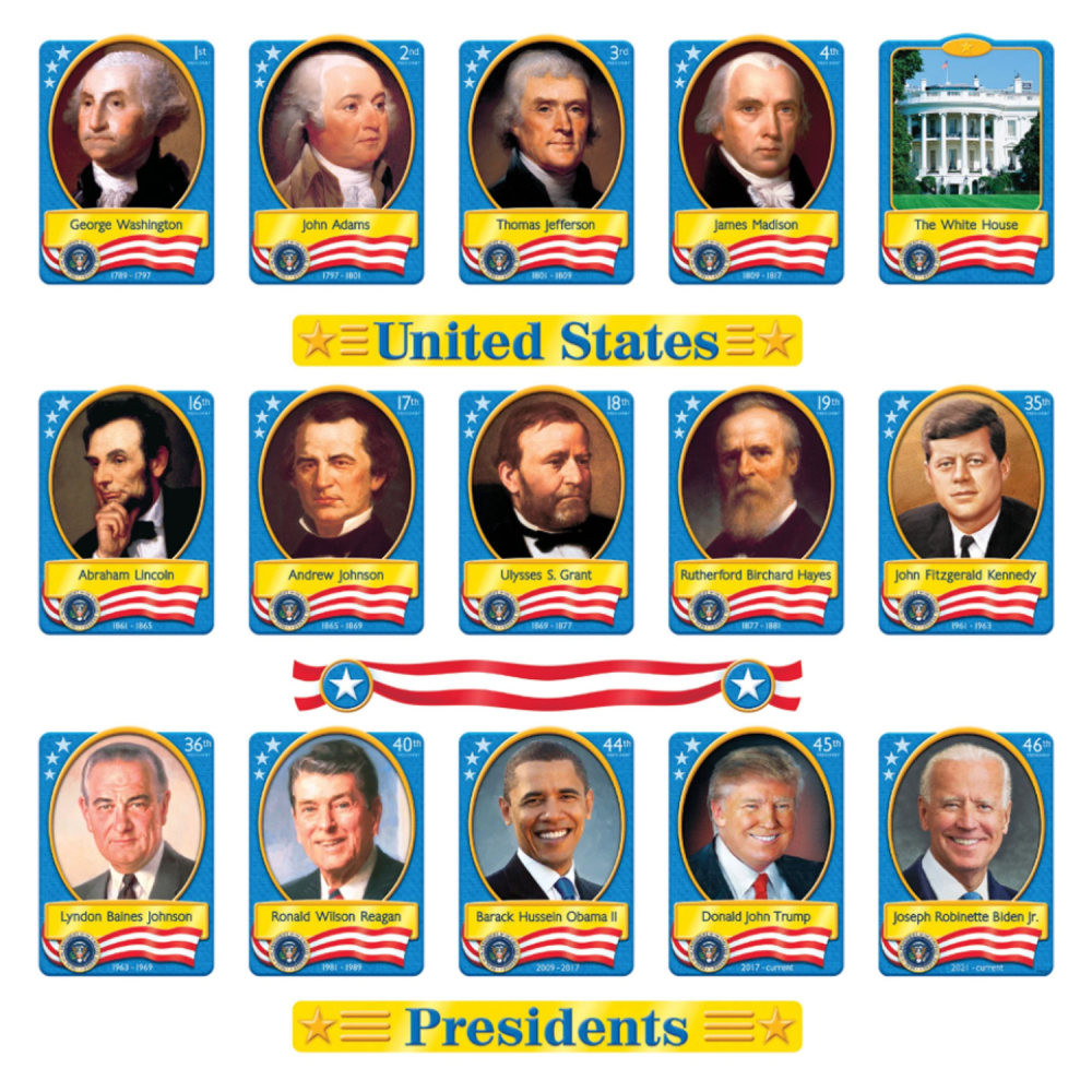 Spark a love of history in your students using this bulletin board set  Display 5in x 8 1/2in official White House portraits of the 46 U.S. presidents along with 2 specialty cards (White House, Oval Office), 3 versatile header cards, and 3 stars and stripes streamers.  54 pieces, updated for 2021.  Includes a Discovery Guide with creative activities and lesson ideas.  This bulletin board set is an important teaching aid to help present and discuss American history, our democratic processes and institutions, and issues of representation and justice.