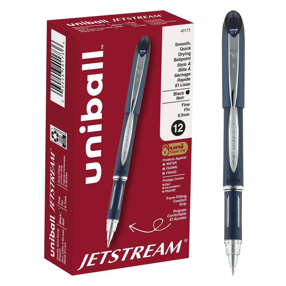 JETSTREAM pens feature hybrid ink that delivers the smoothness and vibrancy of a gel pen without sacrificing the quick-drying speed of a ballpoint  0.7mm fine point delivers precise lines with a rich pigmented color  uni Super Ink technology forms a strong bond with the paper, producing fraud, fade and water-resistant documents  Quick-drying ink resists smudges and smears, making this pen useful for left-handed writers  Features a modern design with stainless steel accents and an embossed grip  Comes in a pack of 12 fine-point pens with blue barrels and black ink.  0.7 mm tip.  Refillable - designed to be used repeatedly, helping you avoid single-use disposables and potentially save money.