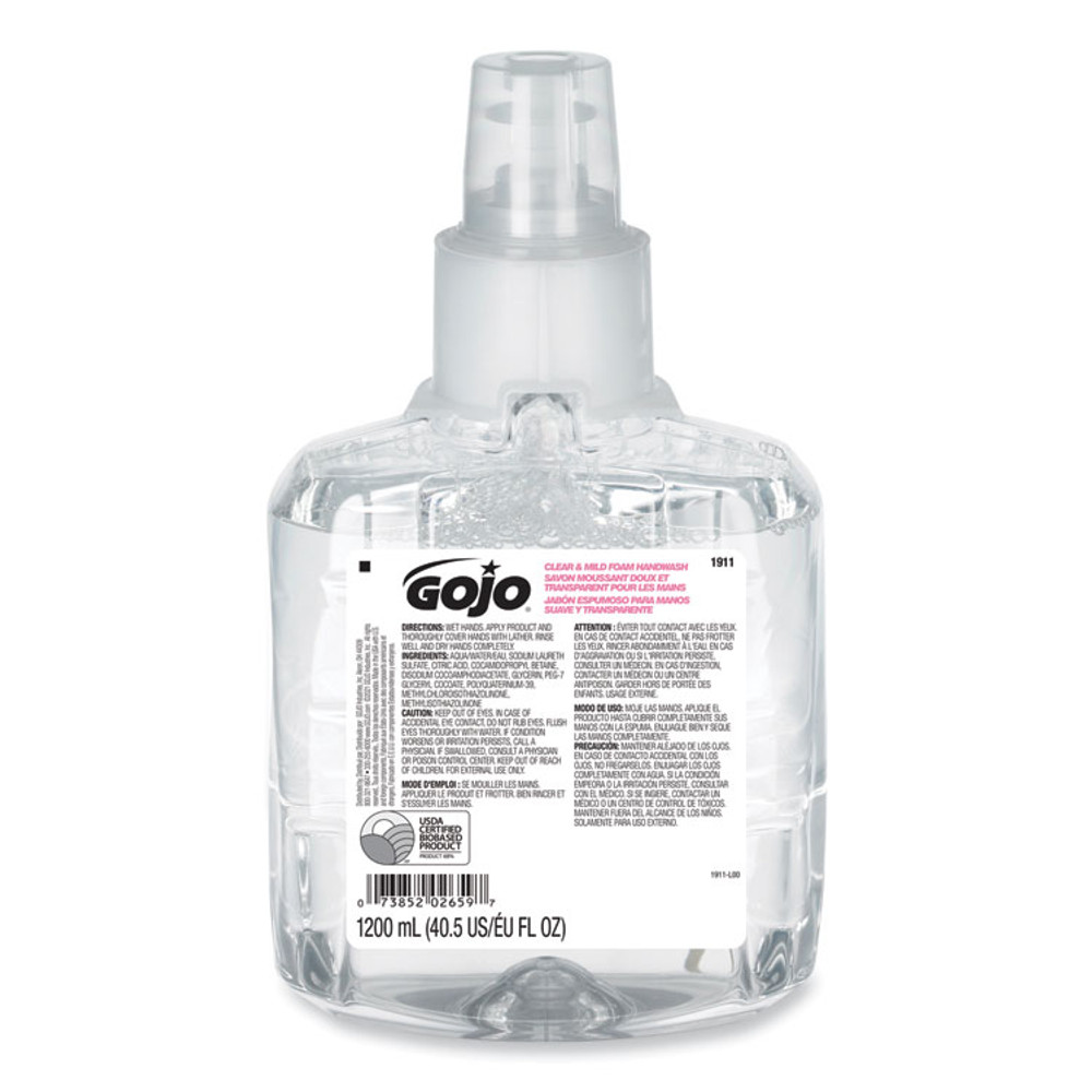 GO-JO INDUSTRIES GOJO® 1911-02CT Clear and Mild Foam Handwash Refill, For LTX-12 Dispenser, Fragrance-Free, 1,200 mL, 2/Carton