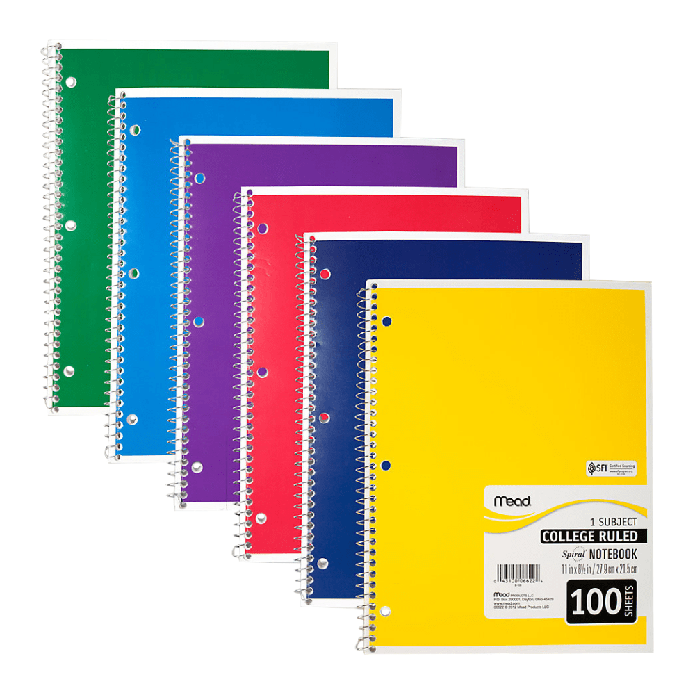 ACCO BRANDS USA, LLC 06622 Mead Spiral Notebook, 8in x 11in, 1 Subject, College Ruled, 200 Pages (100 Sheets), Assorted Colors