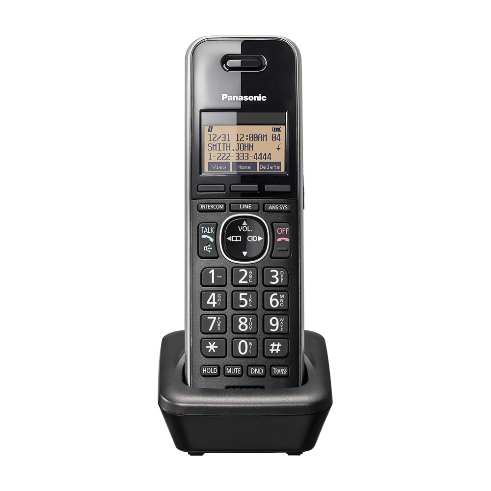Pair your compatible phone system with this Panasonic Cordless Expansion Handset. With an additional handset at your fingertips, its easier to stay on top of the level of calls you receive each day.  Compatible with Panasonic KX-TGW420 phone systems (sold separately).  Monochrome LCD simplifies operation. Use in English, French, Portuguese or Spanish.  Durable handset is shock resistant for lasting use.  Speakerphone function lets you chat hands free. Also includes a headset jack.  Redial memory holds up to 99 numbers for quick recall.  Functions like mute, hold and flash make it easy to manage calls.  8-step speakerphone volume control and 8-step ringer volume control enable clear listening. Features a 12dB volume range.  Belt clip and wall mount allow versatile placement.  Rechargeable Ni-MH battery lasts up to 7 hours while in use (7 days on standby). Battery life will vary depending on the product configuration, product model, applications loaded on the product, power management setting of the product, and the product features used by the customer. As with all batteries, the maximum capacity of this battery will decrease with time and usage.