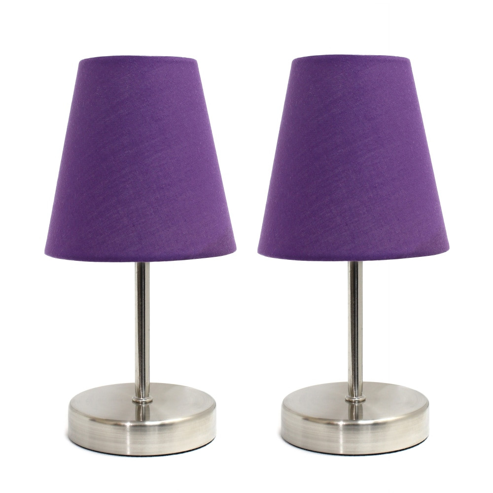 ALL THE RAGES INC LT2013-PRP-2PK Simple Designs Sand Nickel Mini Basic Table Lamp Set with Purple Fabric Shades