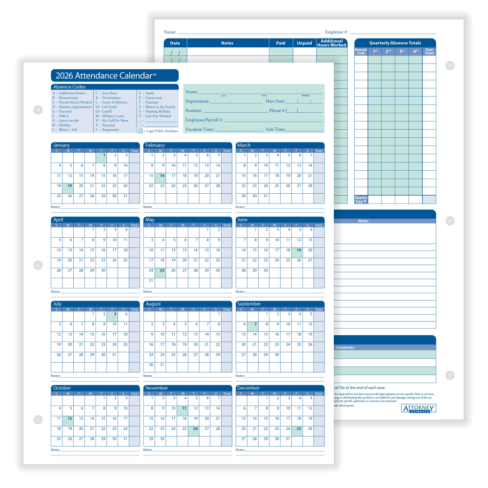 These calendar-style cards make it easy to track your employees attendance record. Simply mark each day missed right on the card.  Use to track the attendance of your employees. Document attendance for reviews and disputes.  Mark each missed day directly onto the calendar-style card. Easy-to-use format lets you see absences at a glance.  Save time with no forms to fill or copies to make.  Back of card offers space for excused absences, track paid time off and other notes.