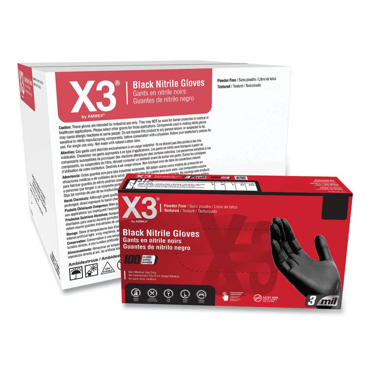 AMMEX CORPORATION X3® by BX344100 Industrial Nitrile Gloves, Powder-Free, Medium, 3 mil Thick, 9.5" Long, Black, 100/Box, 10 Boxes/Carton