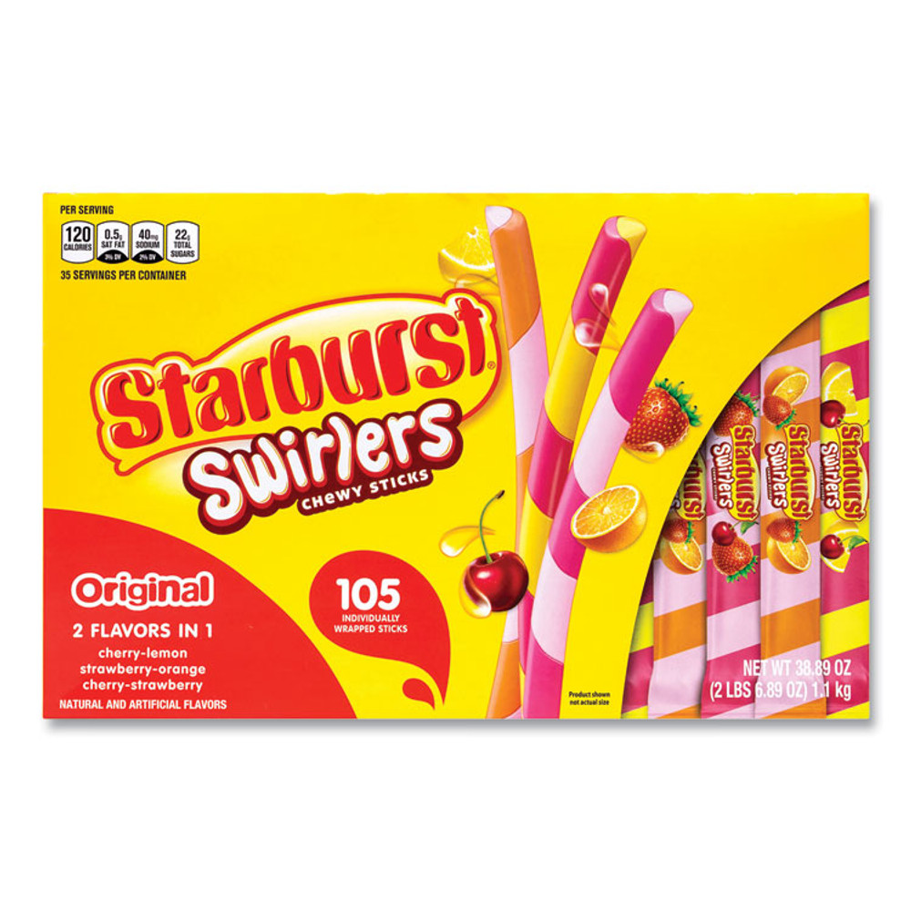 THE WRIGLEY COMPANY Starburst® 22002003 Swirlers Chewy Candy Sticks, Cherry-Lemon/Cherry-Strawberry/Strawberry-Orange, 0.37 oz, 105/Pack