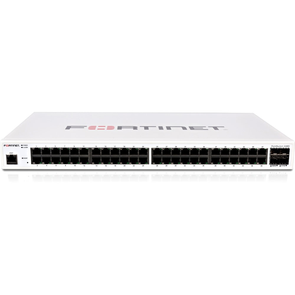 GEORGIA PEACH PRODUCTS, INC. FS-248D Fortinet FortiSwitch FS-248D Ethernet Switch - 48 Ports - Manageable - Gigabit Ethernet - 1000Base-T, 1000Base-LX, 1000Base-SX - Modular - 4 SFP Slots - Twisted Pair, Optical Fiber - 1U High - Rack-mountable, Stan