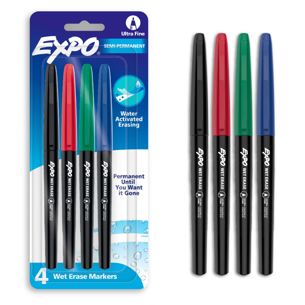 Label, plan, and organize with EXPO Wet Erase Markers. Depend on these EXPO Markers for writing or drawing on whiteboards, hard plastic, laminated sheets, and other nonporous surfaces. The wet erase markers feature ink that easily wipes off with a damp cloth and an ultra fine tip for detailed marks.  EXPO Wet Erase markers that easily wipe off with a damp cloth  For use with whiteboards, hard plastic, laminated sheets, and other nonporous surfaces  Works great on calendar dry erase boards, plastic bins and dry food storage containers  Ultra Fine tip for detailed lines that stand out  Comes in a box of 4 assorted colors.  Odorless, AP-certified nontoxic ink.  Water Activated Erasing  ACMI Certified AP Nontoxic. For detailed information see www.acmiart.org.  Less harsh chemicals - made with fewer harsh chemicals, or safer chemicals than typical alternatives, helping  reduce your use of and exposure to substances that may be more harmful to your health and the environment.