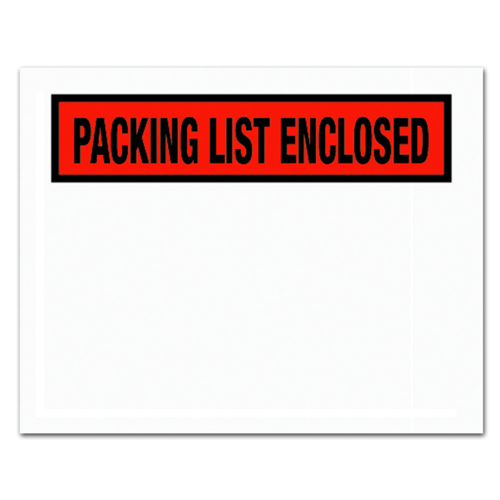 Provide a visible packing list for smooth shipping.  Pressure-sensitive design attaches to the outside of shipments.  Heavy 2-mil poly provides document protection and security.  Hot-melt adhesive backing for strong adhesion to paper and corrugated products.  Open along the first dimension for easy opening.  Pre-printed with "Packing List Enclosed" for quick identification.