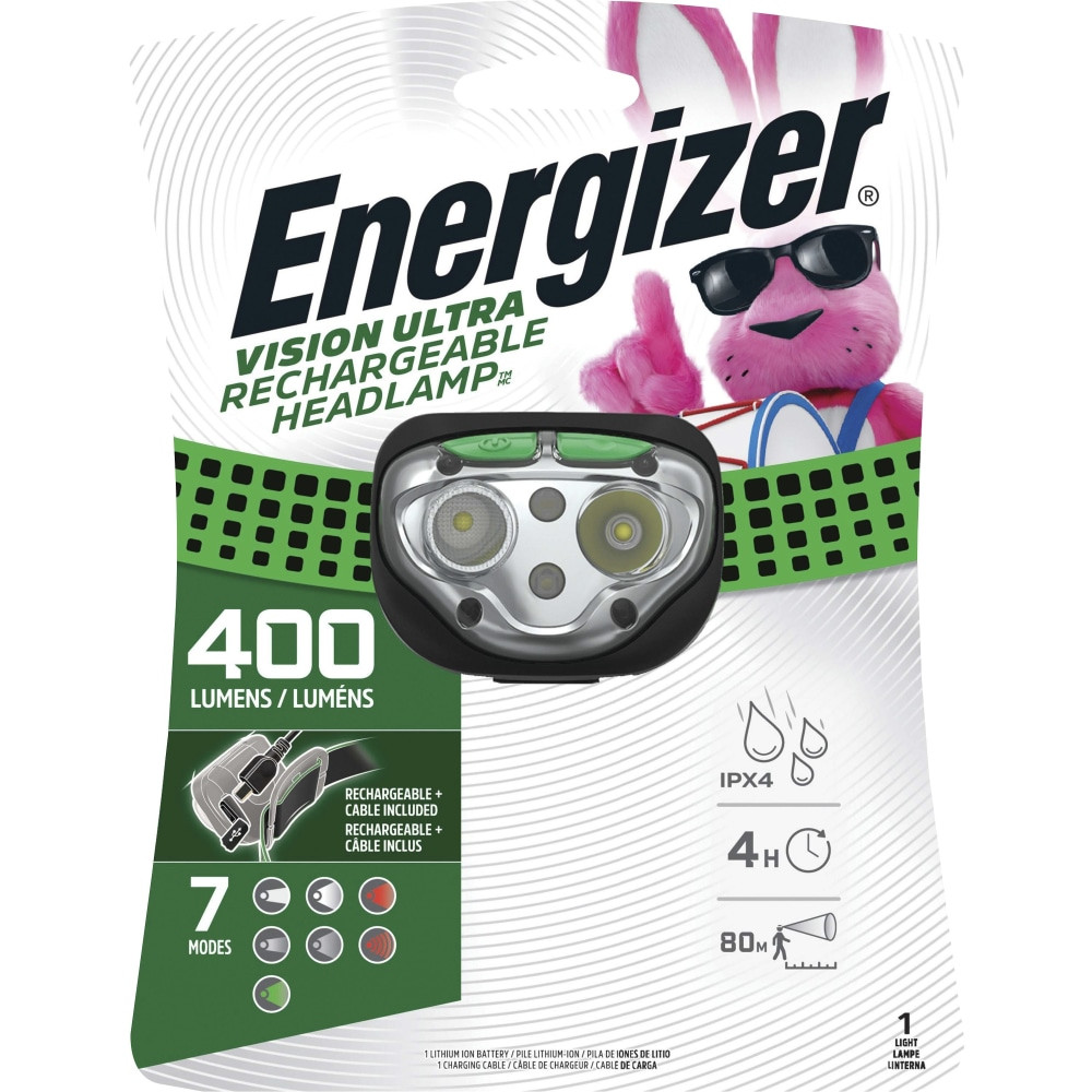 ENERGIZER BRANDS LLC ENHDFRLP Energizer Vision Ultra HD Rechargeable Headlamp (Includes USB Charging Cable) - LED - 400 lm Lumen - Battery Rechargeable - Battery, USB - Water Resistant, Drop Resistant - Green - 1 Each