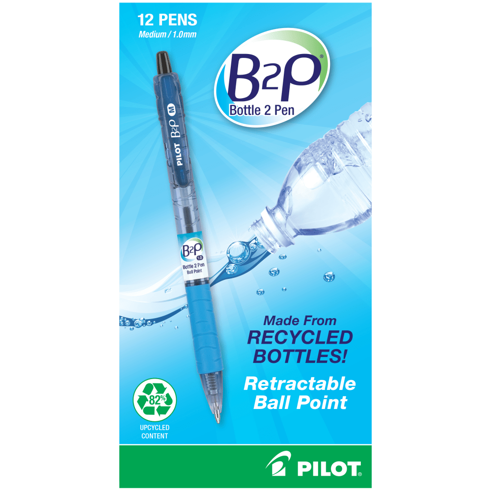 PILOT CORPORATION OF AMERICA Pilot 34800  B2P "Bottle To Pen" Retractable Ballpoint Pens, Medium Point, 1.0mm, 82% Recycled, Translucent Blue Barrels, Black Ink, Pack of 12