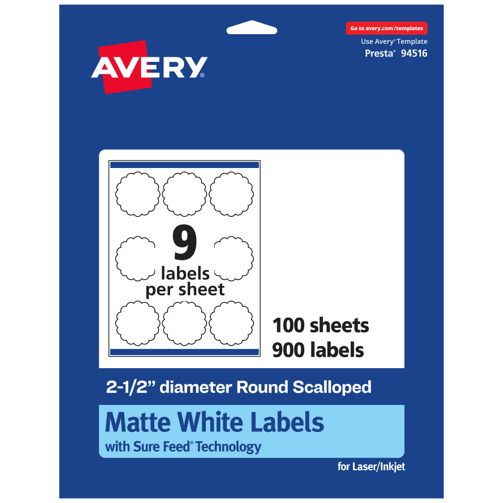 AVERY PRODUCTS CORPORATION 94516-WMP100 Avery Permanent Labels With Sure Feed, 94516-WMP100, Round Scalloped, 2-1/2in Diameter, White, Pack Of 900