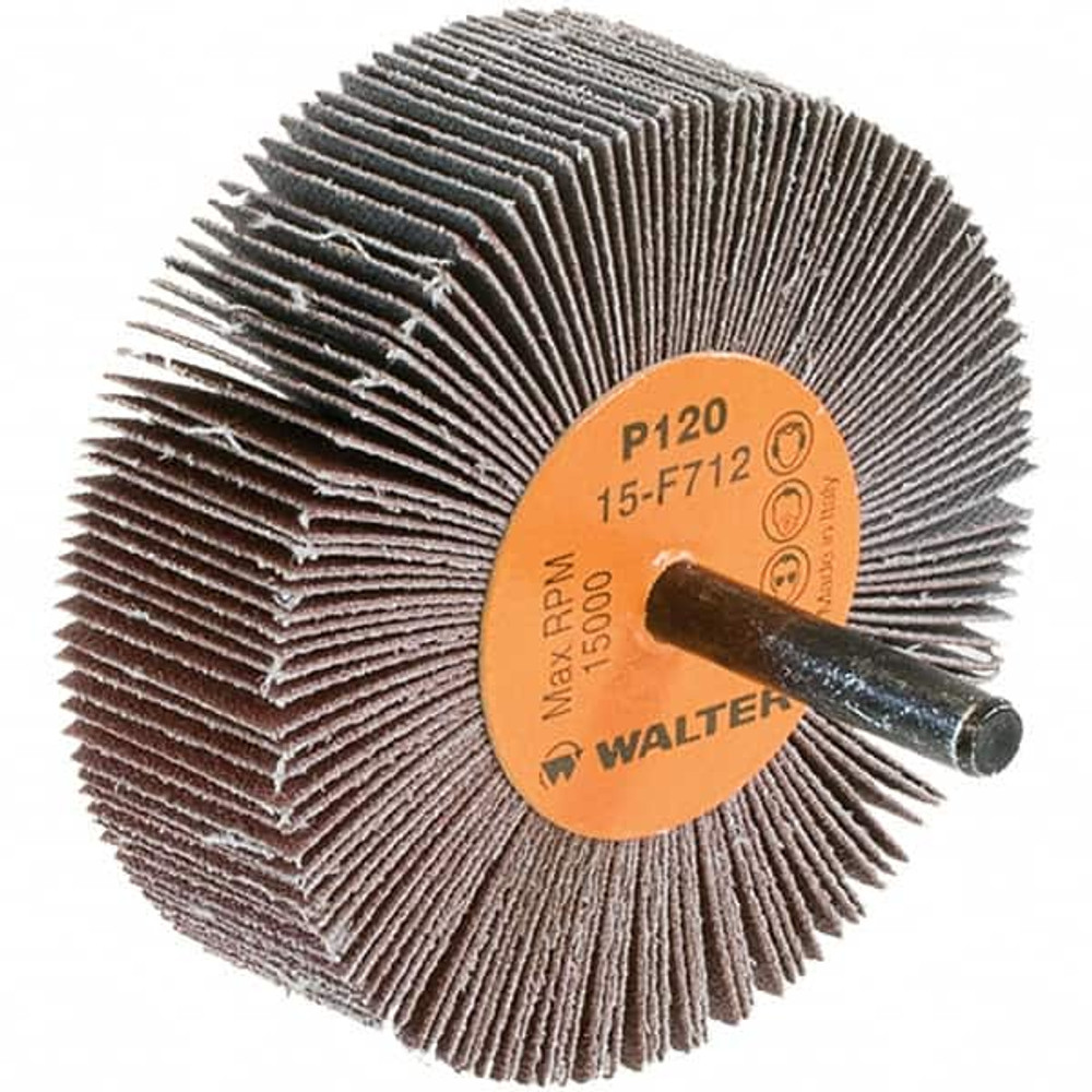 WALTER Surface Technologies 15F712 Mounted Flap Wheel: 3" Dia, 1" Face Width, 120 Grit, Aluminum Oxide