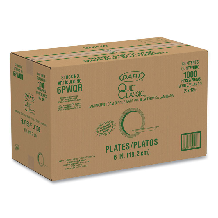 DART 6PWQR Quiet Classic Laminated Foam Dinnerware Plates, 6" dia, White, 125/Pack, 8 Packs/Carton