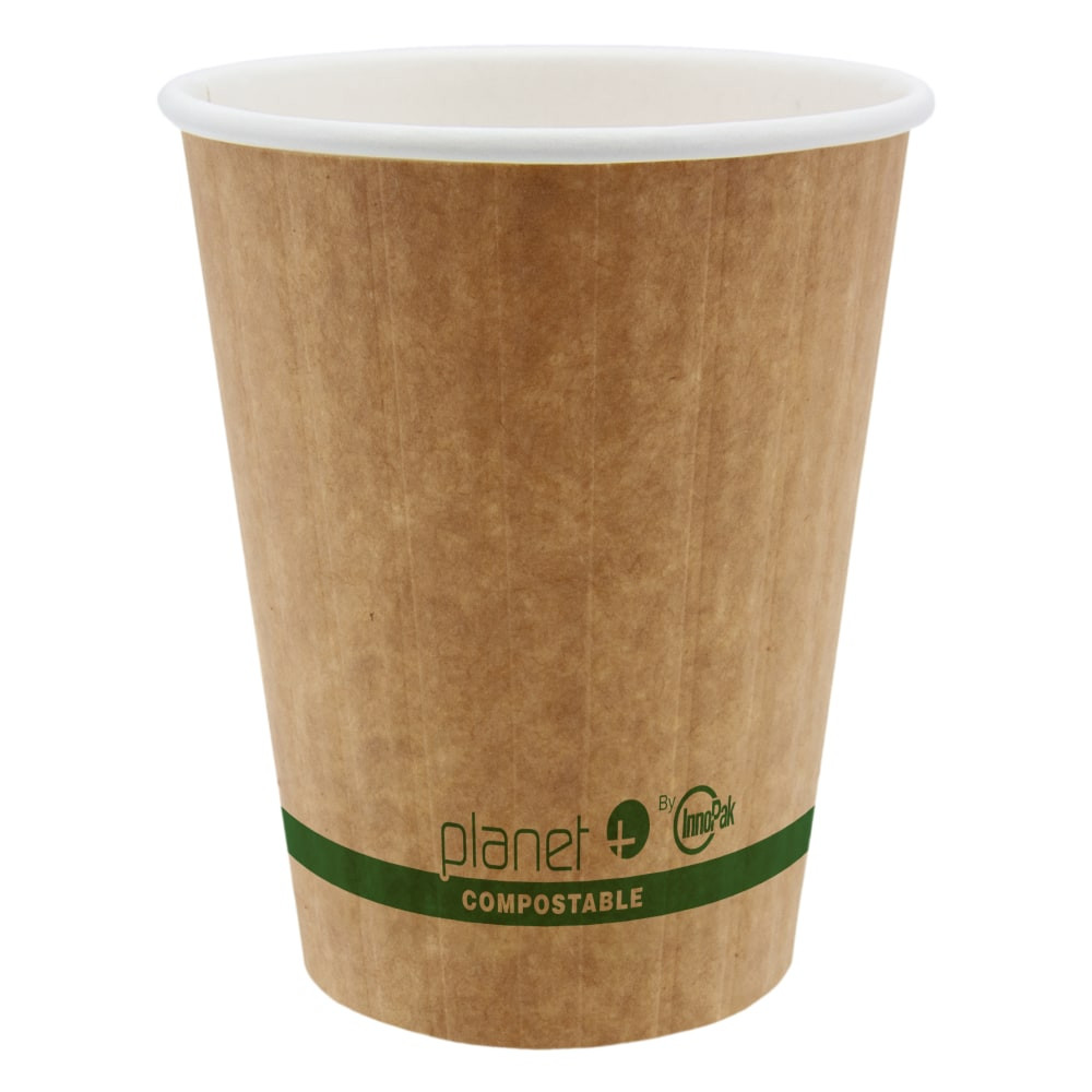 Sustainably made and commercially compostable coffee cups are an Earth-friendly way to offer customers a warm beverage while they wait or visit your business.  Has the same look and feel of traditional coffee cups without the petrochemicals.  Ideal for coffees, hot chocolates, and other hot beverages.  Sustainably made from wood fibers and lined with PLA, a plant-based alternative that eliminates the need for petroleum-based plastics.  Made from all natural and sustainable resources, Planet+ hot cups are ideal for hot beverages and remain commercially compostable after use.  Double wall insulation removes the need for sleeves.  Use PLC-LID for lids (sold separately).  BPI certified and will compost within 60 to 90 days in commercial composting facilities.  Conforms to ASTM D6400 standards. For detailed information see www.astm.org.  BPI Certified Compostable - certified by the Biodegradable Products Institute (BPI) to be compostable in commercial compost facilities (where facilities exist).  Product Content Contains Compostable Material - made from materials that can quickly break down in commercial composting facilities (where facilities exist), to help reduce waste while creating usable organic matter.
