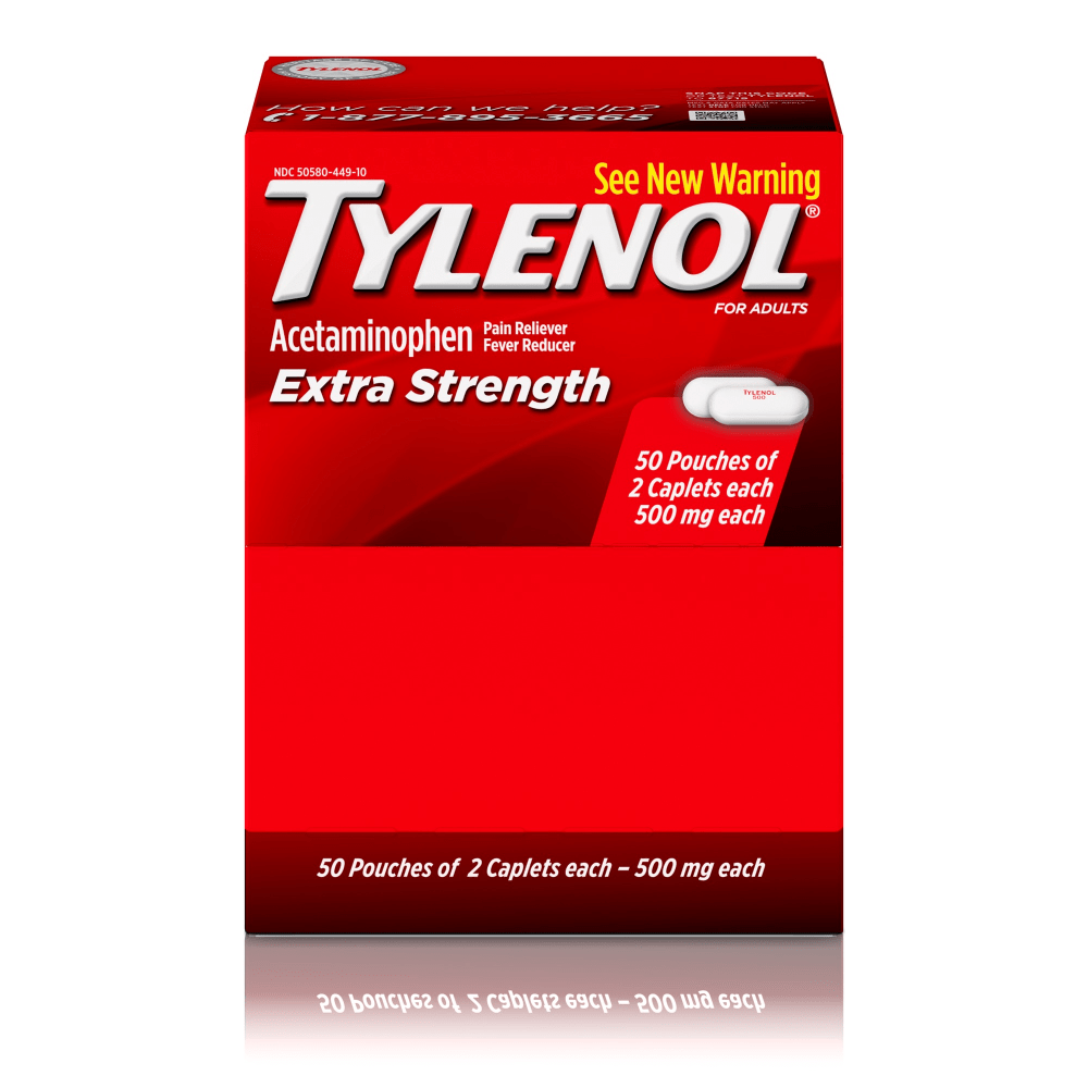 PFIZER CONSUMER HEALTHCARE 44910 TYLENOL Extra Strength Caplets, Fever Reducer and Pain Reliever, 500 mg, 2 Caplets Per Packet, Box Of 50 Packets