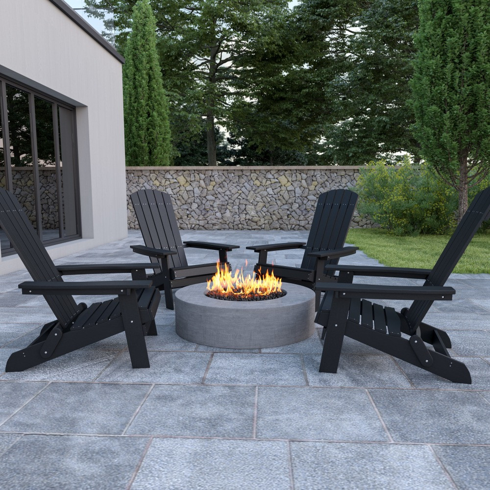 FLASH FURNITURE 4JJC14505BLK  Charlestown All-Weather Poly Resin Folding Adirondack Chairs, Black, Set Of 4 Chairs