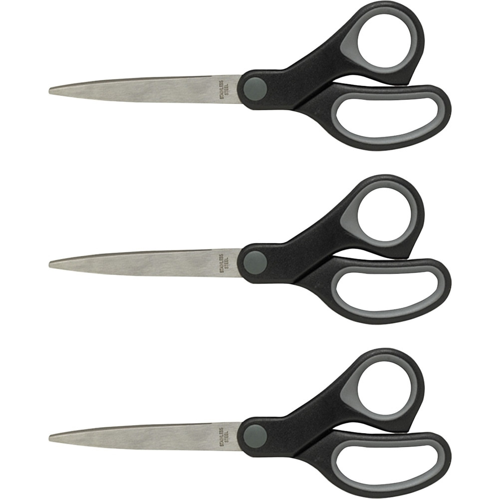 SP RICHARDS Sparco 25225BD  Straight Scissors w/Rubber Grip Handle - 7in Overall Length - Straight - Stainless Steel - Pointed Tip - Black, Gray - 3 / Bundle