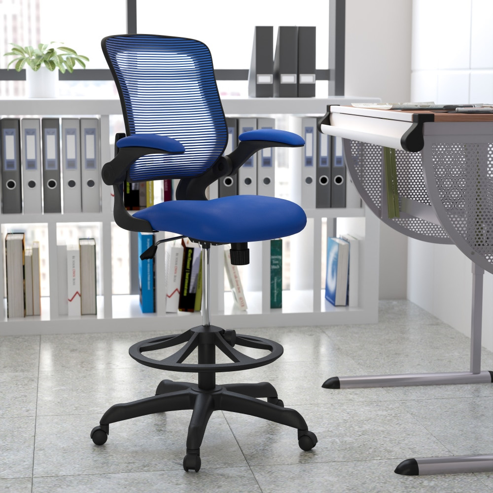 FLASH FURNITURE BLZP8805DBLUE  Mid Back Mesh Ergonomic Drafting Chair with Adjustable Foot Ring and Flip-Up Arms, Blue