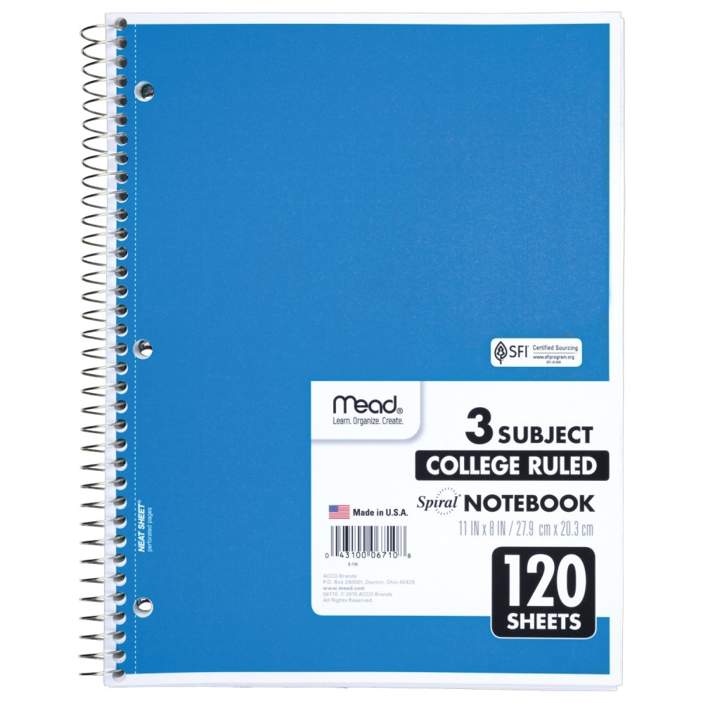 MEADWESTVACO CORP Mead 6710  Wirebound Notebook, 8in x 11in, 3 Subject, 120 Sheets, Assorted Colors