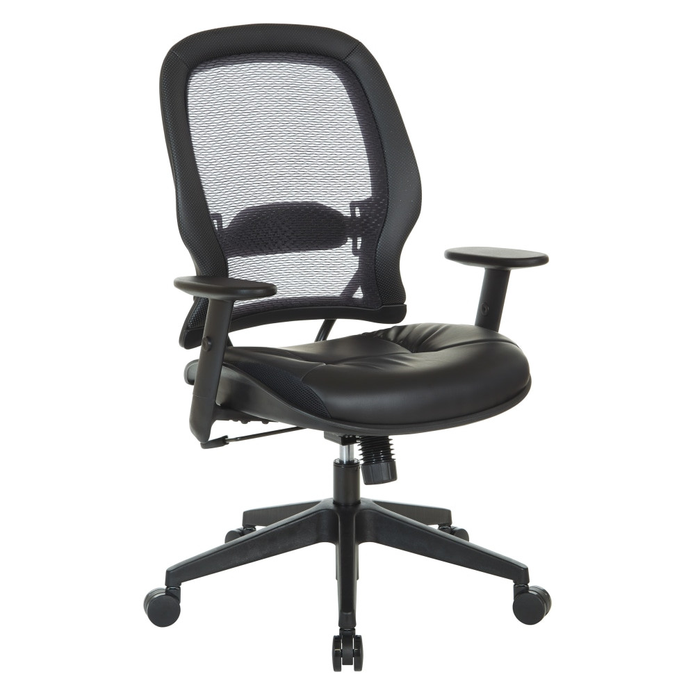 Stay focused on your daily tasks while seated in the Office Star Space 57 Series Dark Air Grid Back Ergonomic Mesh High-Back Managers Office Chair. This adjustable office chair features height, tilt and armrest controls to help you find your ideal working position. Antimicrobial upholstery is simple to clean.  Ergonomic office chair offers comfort throughout the day.  Recommended for professional use 8-10 hours per day.  Weight capacity tested to support 275 lb.  Overall Dimensions: 45-3/4inH x 25-3/4inW x 26inD.  High back.  Breathable Dark Air Grid mesh back.  Adjustable lumbar support.  Waterfall seat.  Antimicrobial fabric upholstery.  Office Star chair boasts 1-touch pneumatic seat height adjustments and 2-to-1 synchro tilt control with adjustable tilt tension.  Height-adjustable angled PU arms.  Heavy-duty angled nylon base with oversized dual wheel carpet casters.  Assembly required.