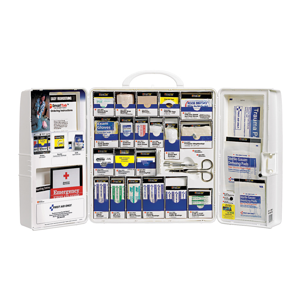 You will be prepared for emergencies indoors or outdoors with this reliable kit that features first aid products. Housed in a plastic case with a weatherproof seal that features a handle for easy transport and is also wall mountable for easy visibility and access.  Large 206-piece kit contains bandages, gauze, a trauma pad, antiseptic cleansing wipes, burn cream, antibiotic ointment, first aid tape, scissors, a first aid guide, exam-quality vinyl gloves and tweezers.  Plastic case has 3 clearly labeled sections to help keep your supplies organized. SmartTab ezRefill system uses reminder tabs to let you know when to reorder supplies as well as providing reordering information.  Designed for 50 people.  Meets OSHA and ANSI standards.