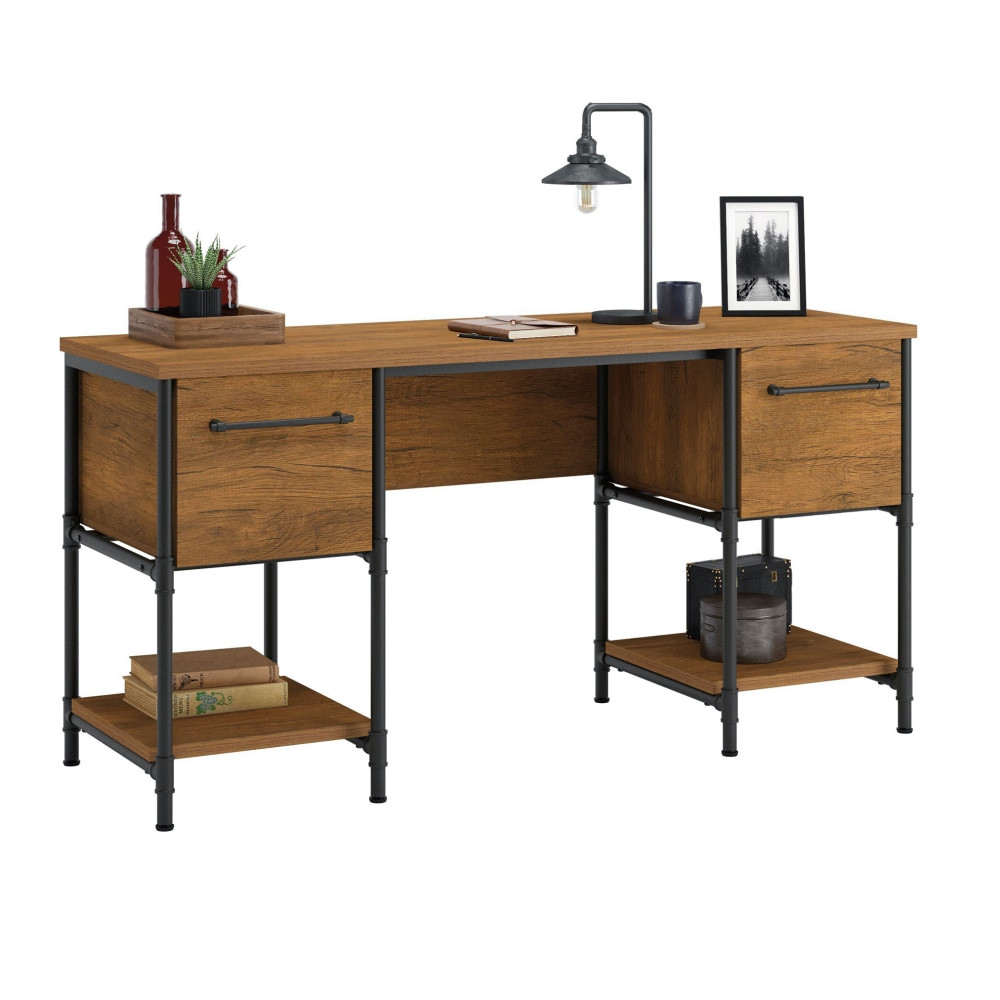 SAUDER WOODWORKING CO. 427134 Sauder Iron City 59inW Computer Desk, Checked Oak