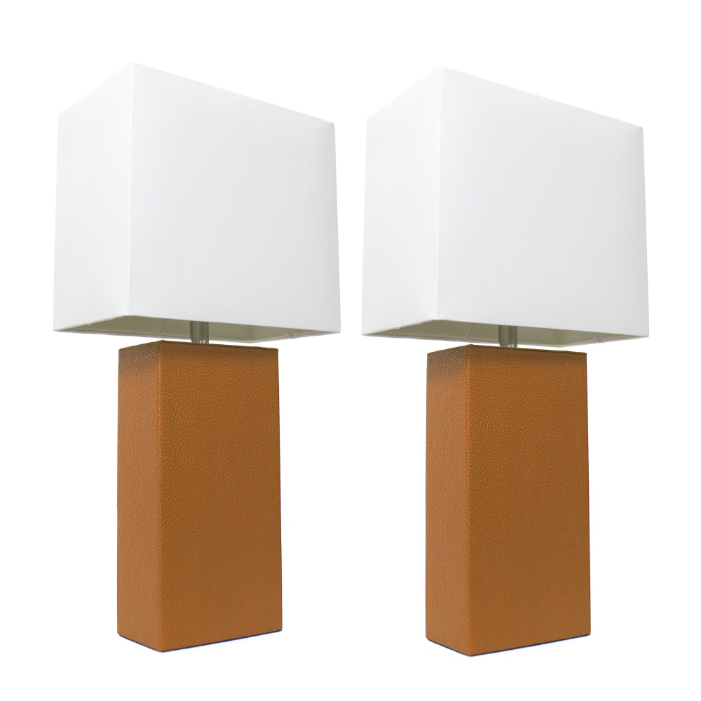 ALL THE RAGES INC Elegant Designs LC2000-TAN-2PK  Modern Leather Table Lamps, 21inH, White Shades/Tan Base, 2pk