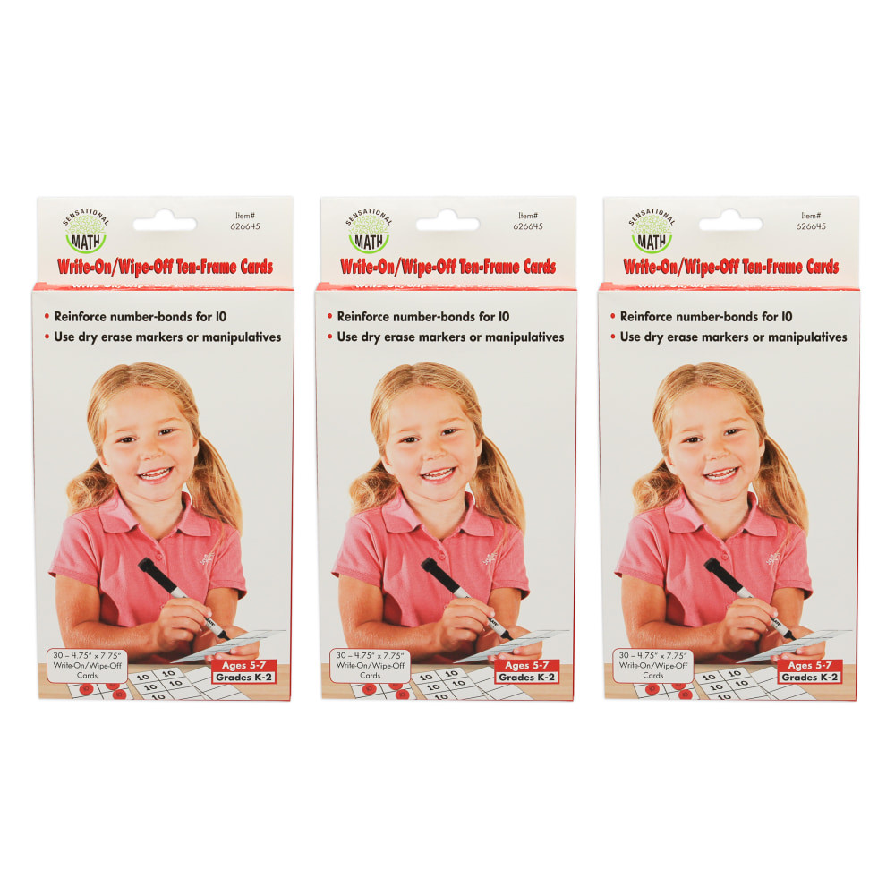 EDUCATORS RESOURCE Sensational Math ELP626645-3  Write-On/Wipe-Off 10-Frame Cards, 4-3/4in x 7-3/4in, Kindergarten - Grade 1, 30 Cards Per Pack, Set Of 3 Packs