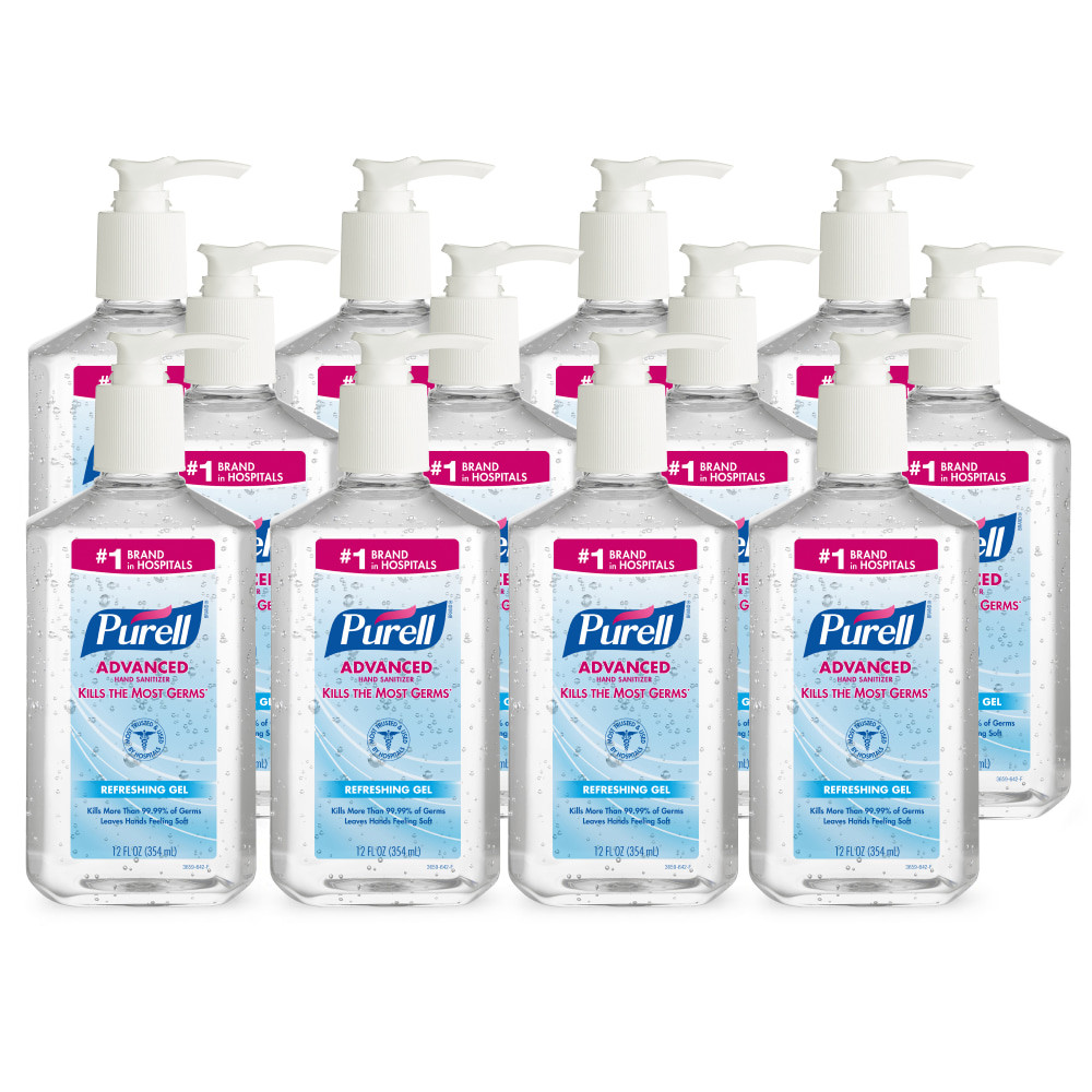 PURELL Advanced Hand Sanitizer is proven to kill 99.99 percent of most common germs that may cause illness. While it's tough on germs, the formulation is mild on skin. With a blend of four moisturizers, hands feel soft, even with frequent use.  Show you care about well-being with PURELL Advanced Hand Sanitizer Refreshing Gel, which eliminates 99.99% of most common germs that may cause illness  Features a refreshing clean scent and evaporates quickly for easy, convenient sanitizing when soap and water aren't available  Mild formula and a blend of four moisturizers means hands feel soft even with frequent use; it's free of triclosan, parabens, phthalates, and preservatives so it doesn't dry out or irritate skin  70% alcohol gel hand sanitizer helps reduce bacteria on the skin  Place these 12 fl oz pump bottles in high-traffic areas where frequent hand sanitization is needed, including classrooms, reception areas, breakrooms, desks, administrative offices, and more  Case includes: 12 - PURELL Advanced Hand Sanitizer Refreshing Gel, Clean Scent, 12 fl oz pump bottles  Cradle to Cradle Gold certified - reduced environmental impact from an overall lifecycle standpoint. Ranked in five tiers: Basic, Bronze, Silver, Gold, and Platinum.  Less harsh chemicals - made with fewer harsh chemicals, or safer chemicals than typical alternatives, helping  reduce your use of and exposure to substances that may be more harmful to your health and the environment.