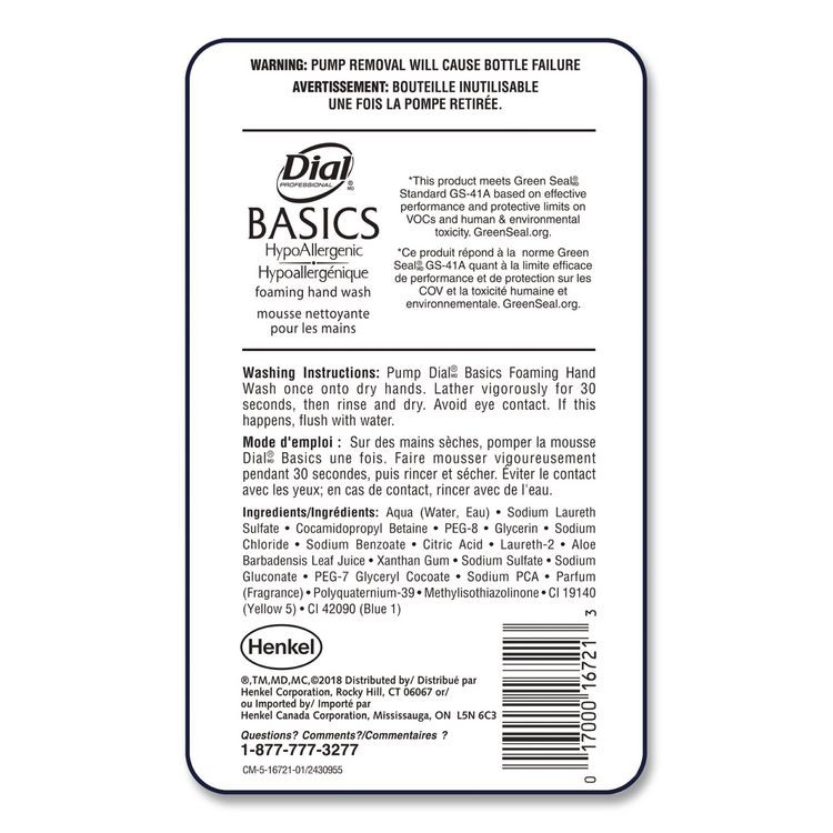 DIAL PROFESSIONAL 16722EA Basics Hypoallergenic Foaming Hand Wash Refill for FIT Touch Free Dispenser, Honeysuckle Scent, 1 L