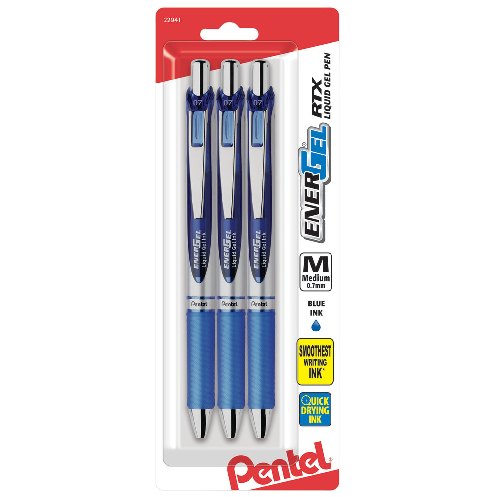 PENTEL OF AMERICA, LTD. BL77BP3C Pentel Energel Deluxe RTX Gel Pens, Medium Point, 0.7 mm, Assorted Barrels, Blue Ink, Pack Of 3