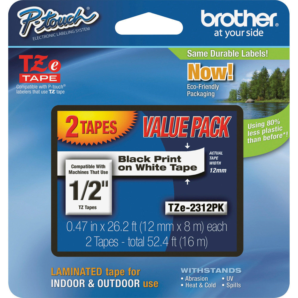 BROTHER INTL CORP TZE-2312PK Brother TZe-231 Black-On-White Tapes, 0.5in x 26.2ft, Pack Of 2