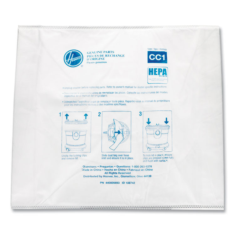 HOOVER COMPANY Commercial AH10363 Disposable Vacuum Bags, HEPA CC1, 10/Pack