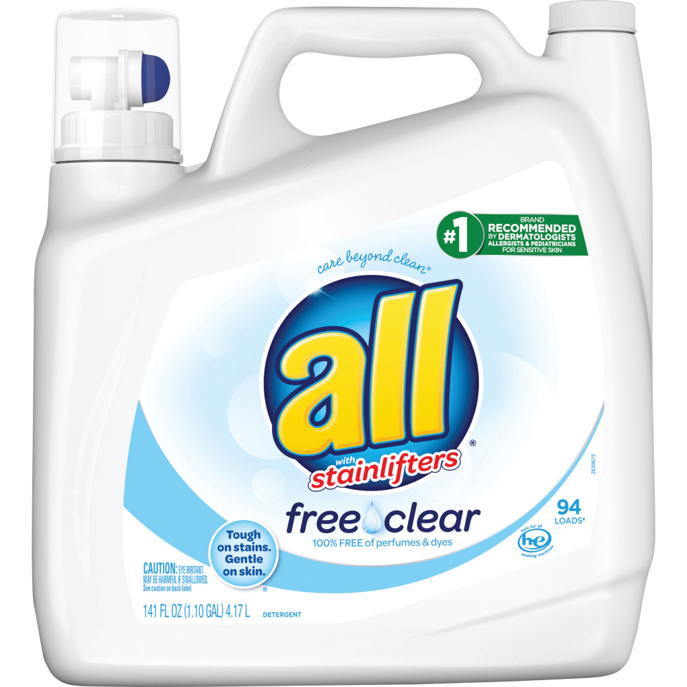 Take care of your laundry with All ultra free clear liquid detergent. Each bottle of detergent is free from dyes and perfumes but remains tough on stains.  Liquid detergent is tough on stains.  Designed to be safe for sensitive skin.  100% free of perfumes and dyes.  Safe for virtually any washing machine type and any water temperature.