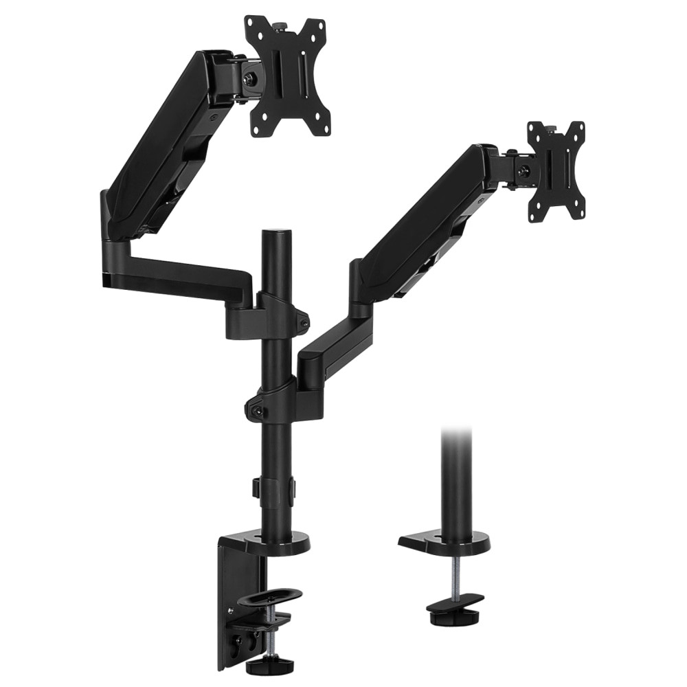 Elevate both of your monitors using this Mount-It! desk arm. Not only does this mount make it easier to enjoy an ergonomic view of each display, but it also helps free up the valuable workspace you need to get things done.  Screen Sizes: 17in - 32in  VESA Compatible: 75x75, 100x100  Arm Extension: 19.5in - 21in  Monitor Weight Capacity: 17.6 lbs (per screen)  Screen Rotation: +180 deg.~-180 deg.  Swivel: +90 deg.~-90 deg.  Supported by Limited Lifetime Warranty