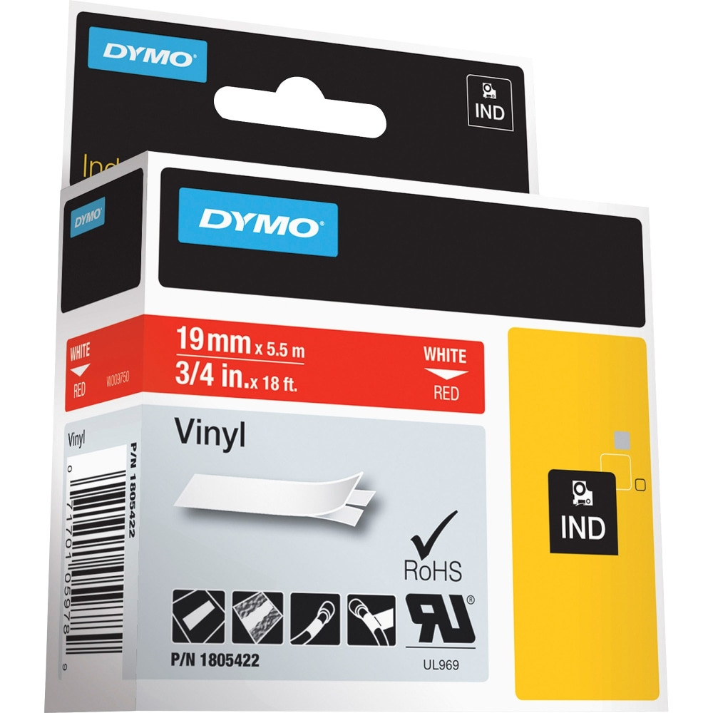 RUBBERMAID 1805422 DYMO Colored 3/4in Vinyl Label Tape, DYM1805422, Permanent Adhesive, 3/4inW x 18 3/64 ft Length, Rectangle, Thermal Transfer, Red/White