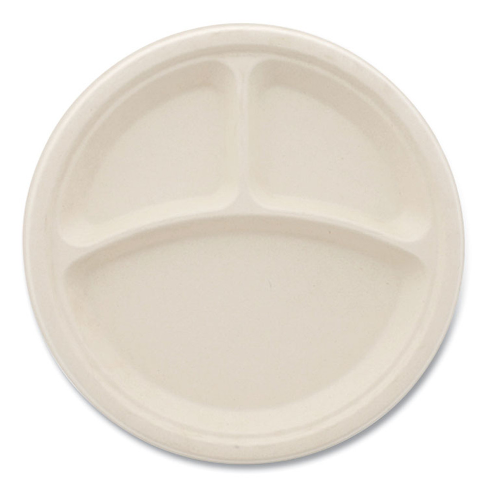 BOARDWALK PLT3C10NPFA Bagasse PFAS-Free Dinnerware, 3-Compartment Plate, Sugarcane, 10" dia, Tan, 500/Carton