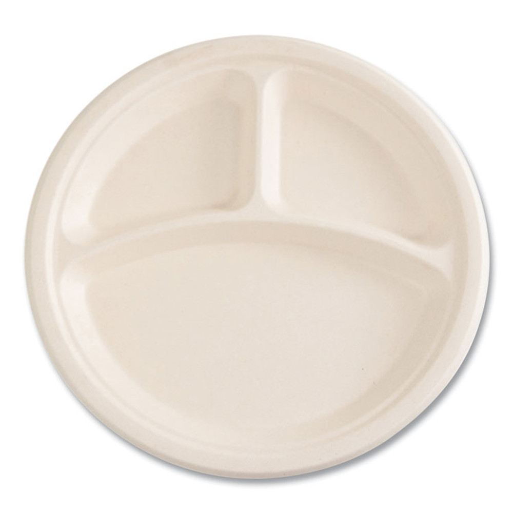 BOARDWALK PLT3C10NPFA Bagasse PFAS-Free Dinnerware, 3-Compartment Plate, Sugarcane, 10" dia, Tan, 500/Carton
