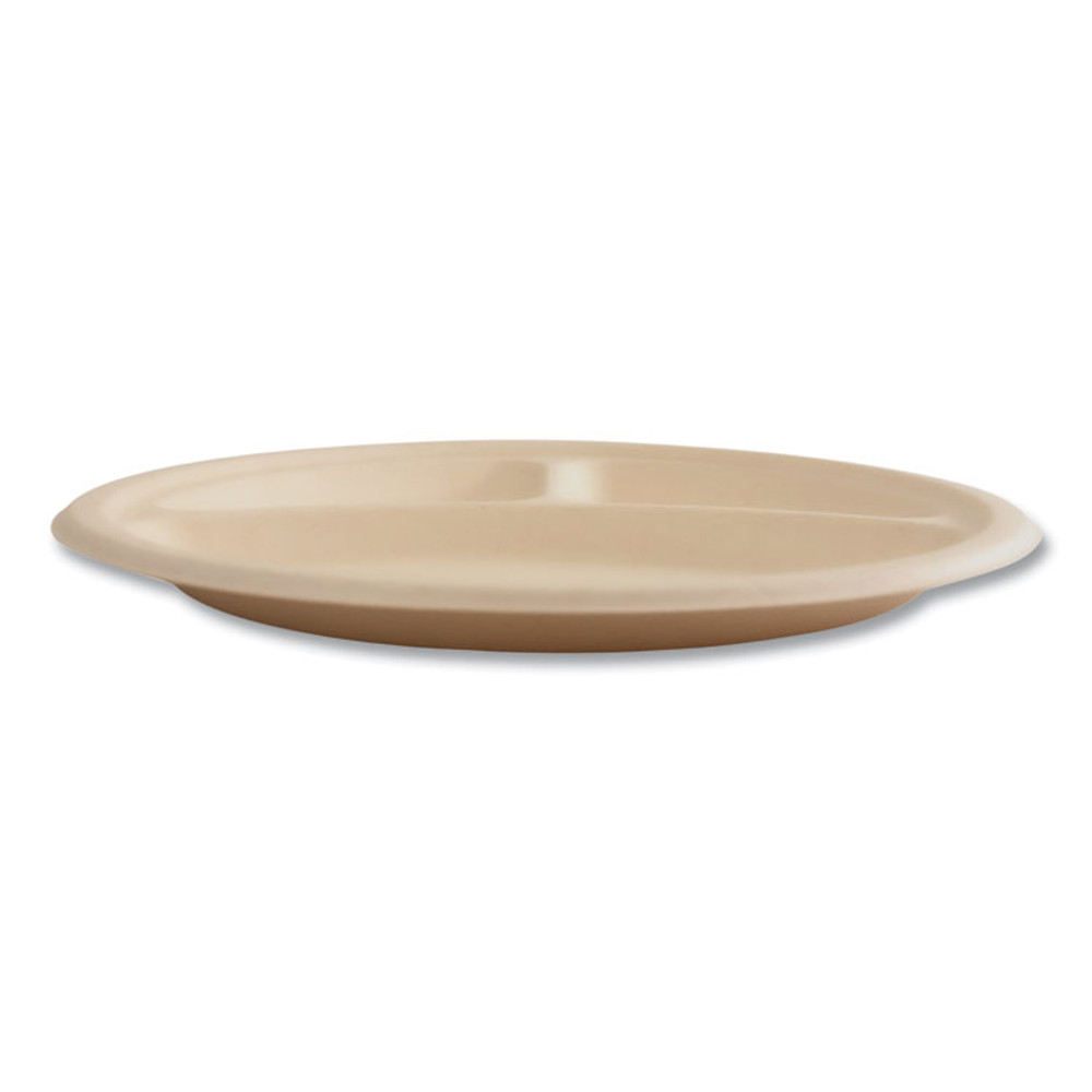 BOARDWALK PLT3C10NPFA Bagasse PFAS-Free Dinnerware, 3-Compartment Plate, Sugarcane, 10" dia, Tan, 500/Carton