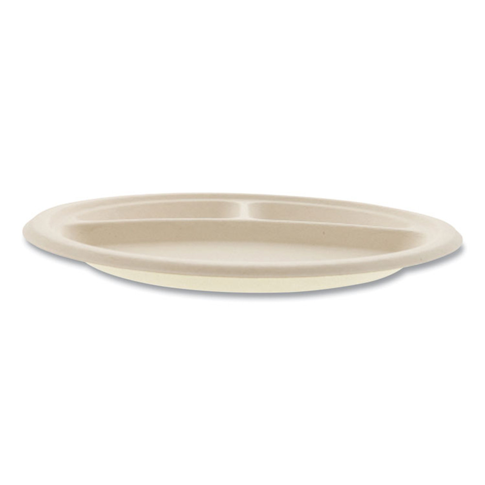 BOARDWALK PLT3C10NPFA Bagasse PFAS-Free Dinnerware, 3-Compartment Plate, Sugarcane, 10" dia, Tan, 500/Carton