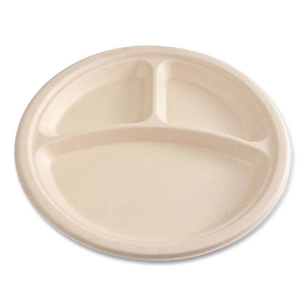 BOARDWALK PLT3C10NPFA Bagasse PFAS-Free Dinnerware, 3-Compartment Plate, Sugarcane, 10" dia, Tan, 500/Carton
